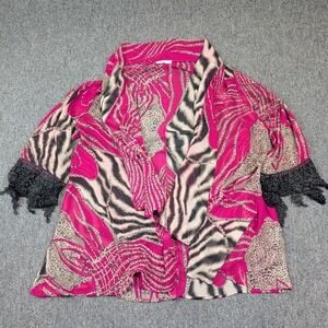 Just Me Y2K Animal Print Kimono OS Pink Leopard Zebra Crochet Lace Boho Cardigan